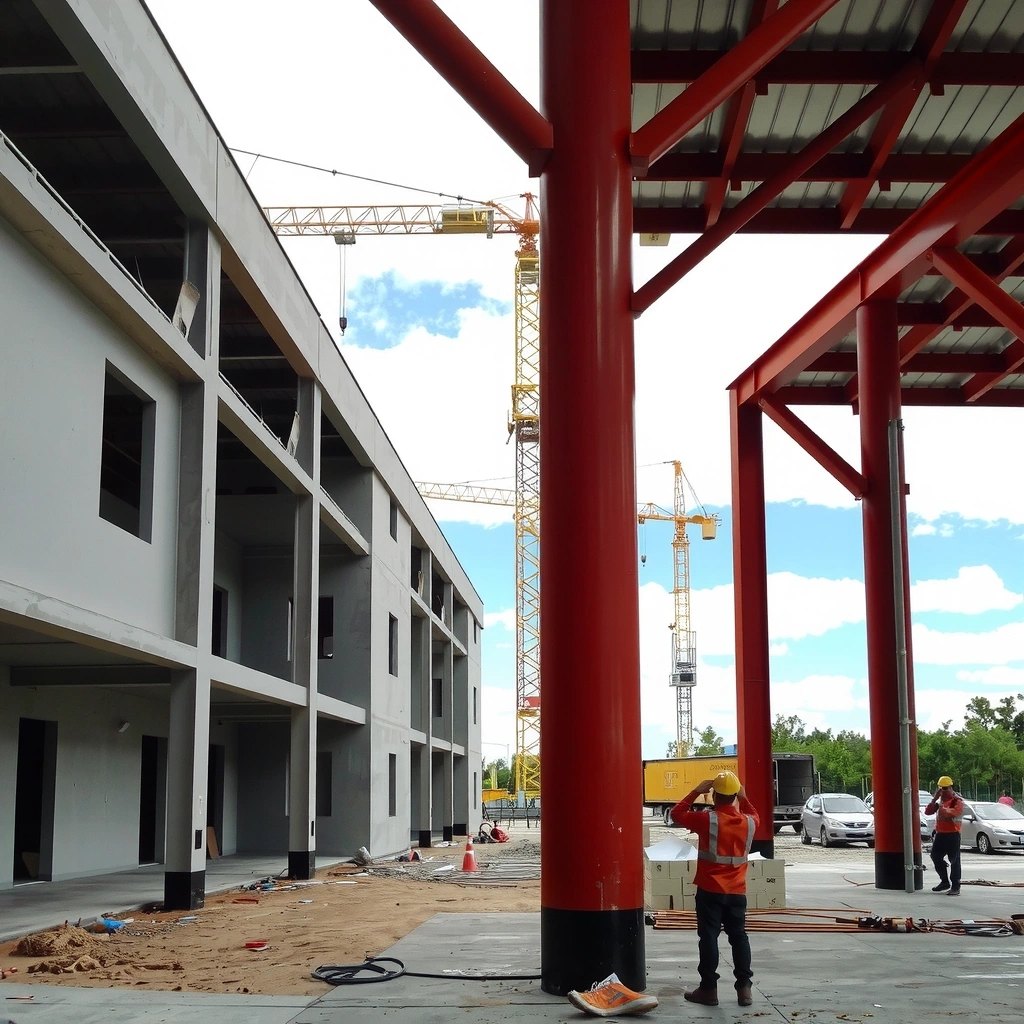 Modern construction site with steel framework and workers